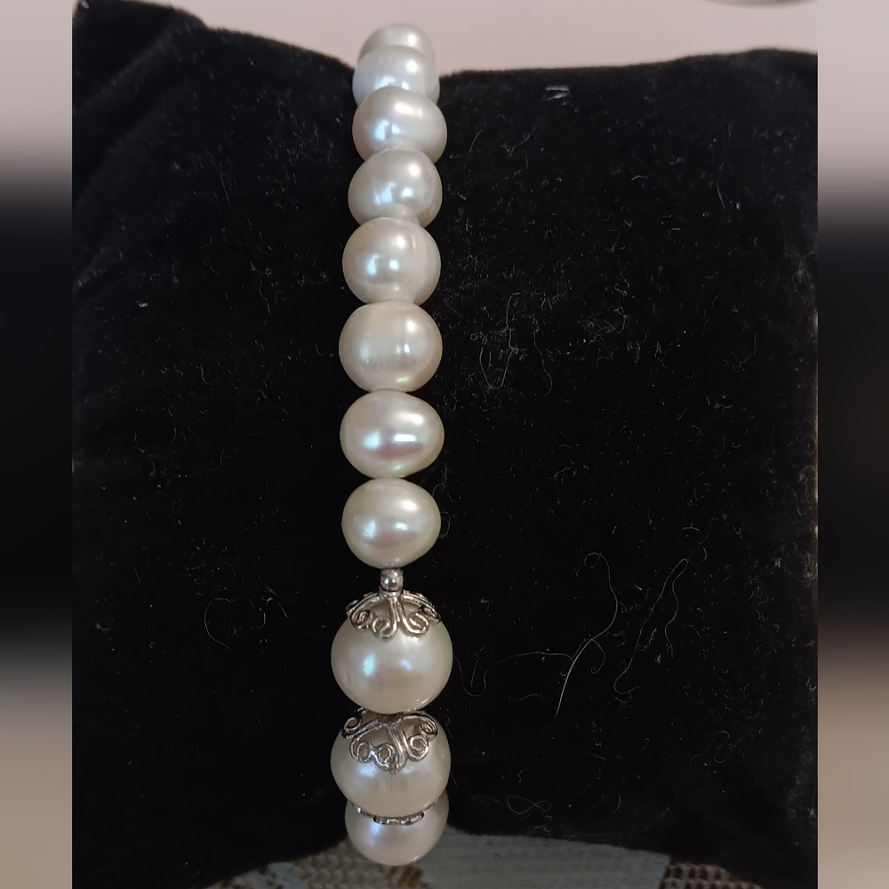 WHITE CULTURED FRESHWATER PEARL STERLING SILVER BRACELET 7.5 - Picture 3 of 6